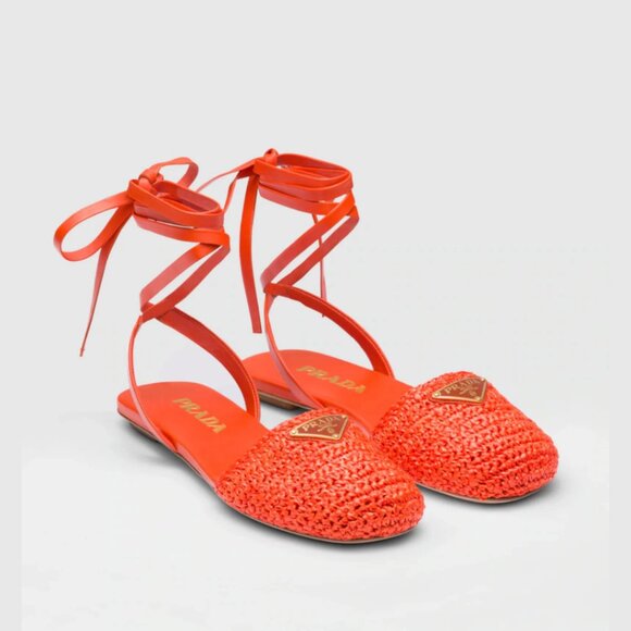 NWT Prada Flat Sandals Orange Crochet Raffia Ankle Lace Strap Sz 35 - Picture 2 of 7